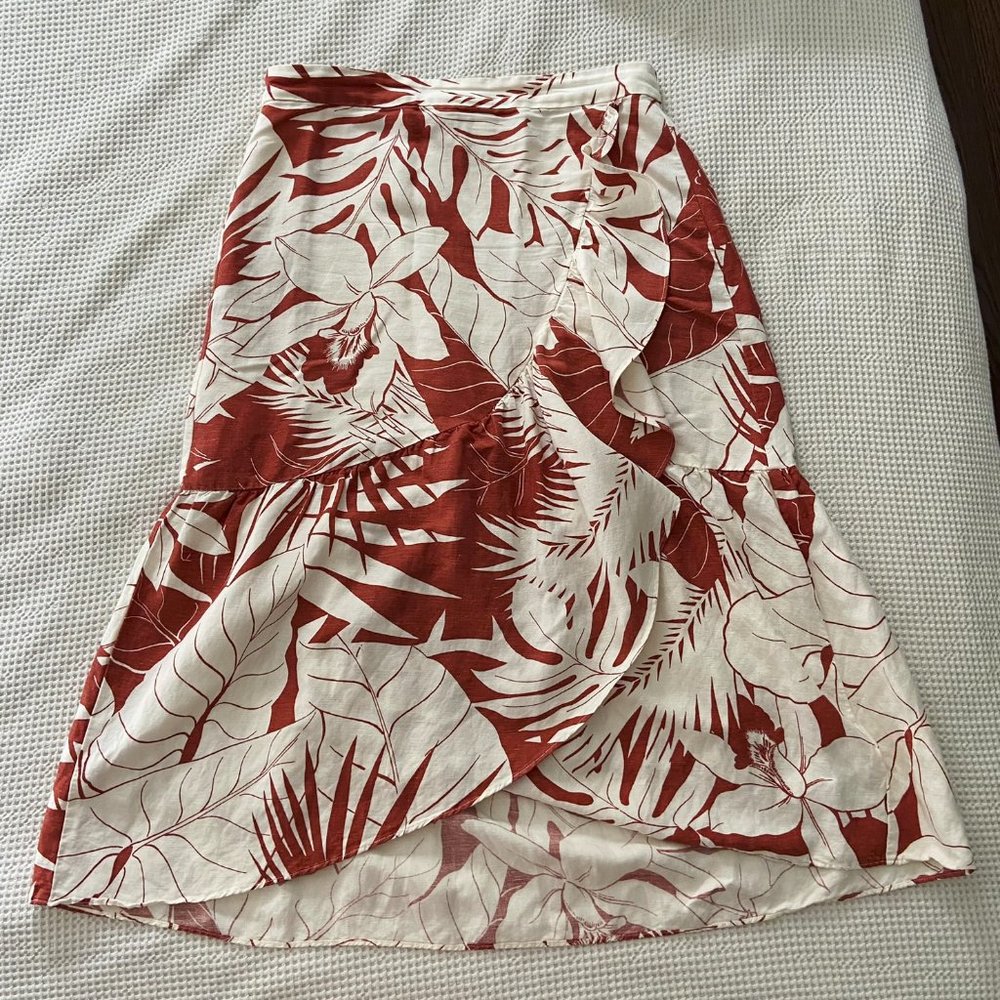 Madewell Linen-Blend Ruffle-Wrap Midi Skirt in Tropical Vacation